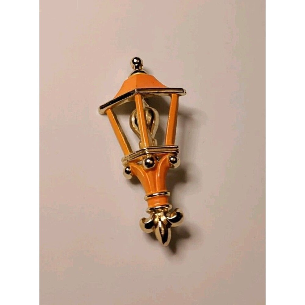 Vintage Street Lamp Brooch Orange Enamel Gold Tone Lantern Brooch Jewelry